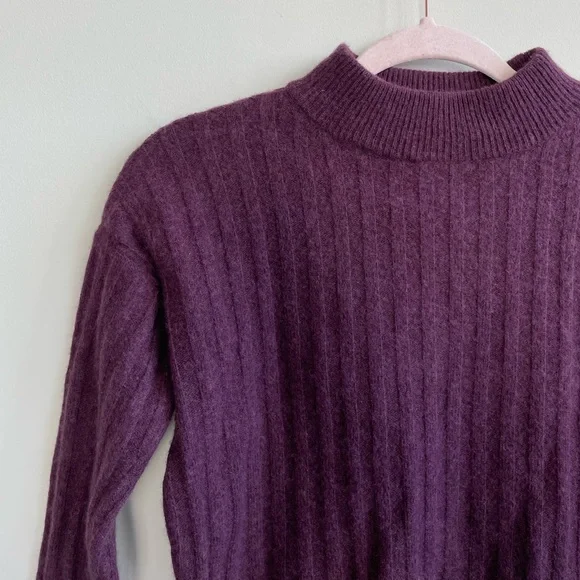 Madewell Wool Blend Mock Neck Cropped Sweater Plum Purple Ribbed - Picture 5 of 11